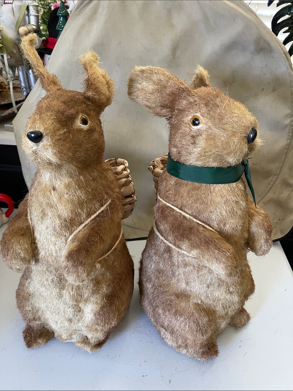 Brown Decorative Bunny Figurine with Basket - Set of 2